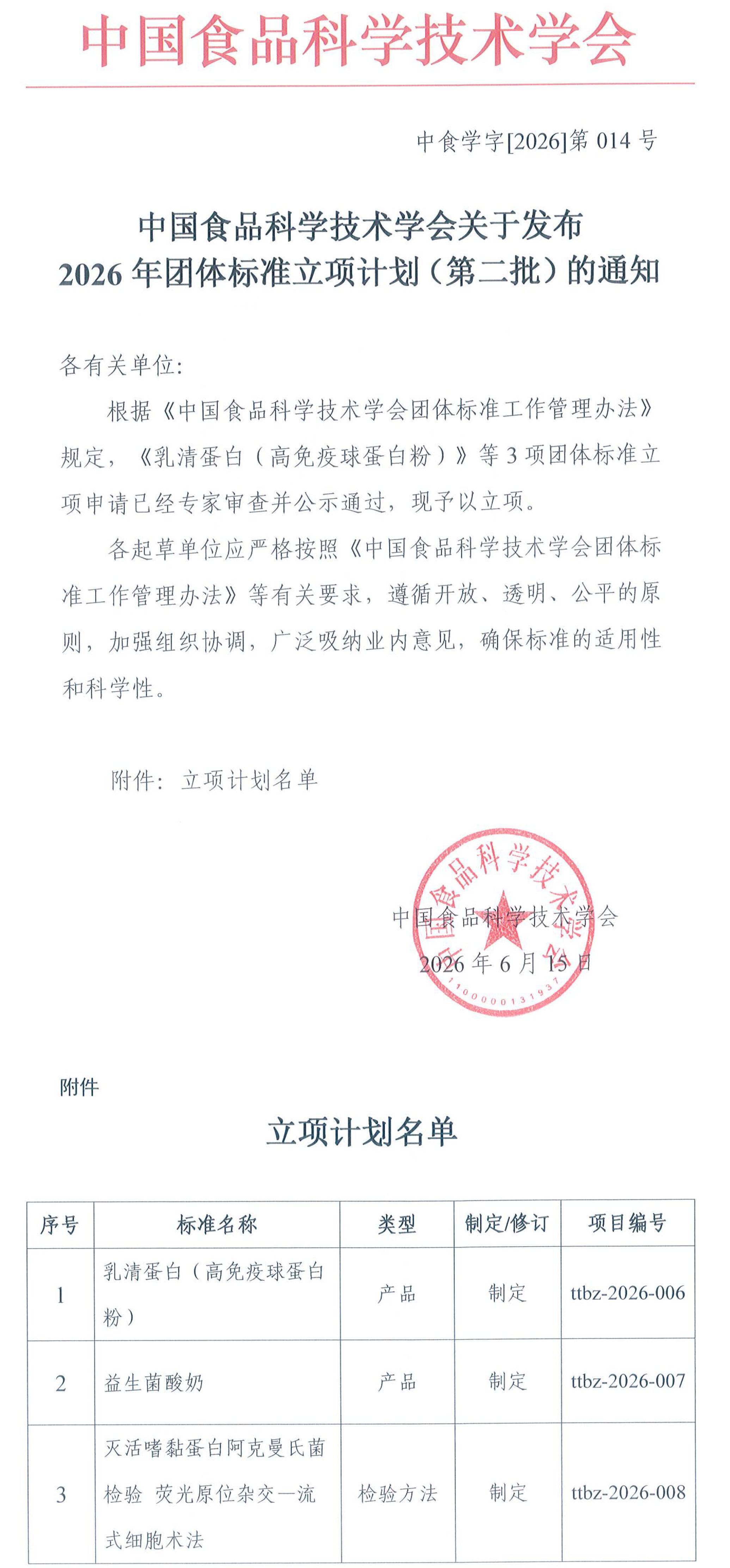 中国食品科学技术学会关于发布2026年团体标准立项计划（第二批）的通知-1